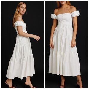 STAUD Elio White‎ Off The Shoulder Tiered Maxi Dress Button Front Size 8